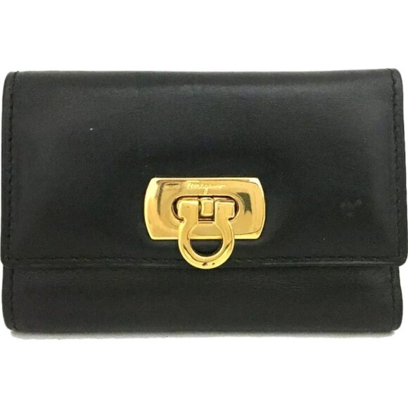 776122AD (V1) Salvatore Ferragamo Key Case Gancini 6 Ring Black Leather